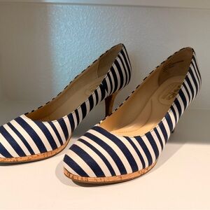 Striped Navy and White Kitten Heel Pumps